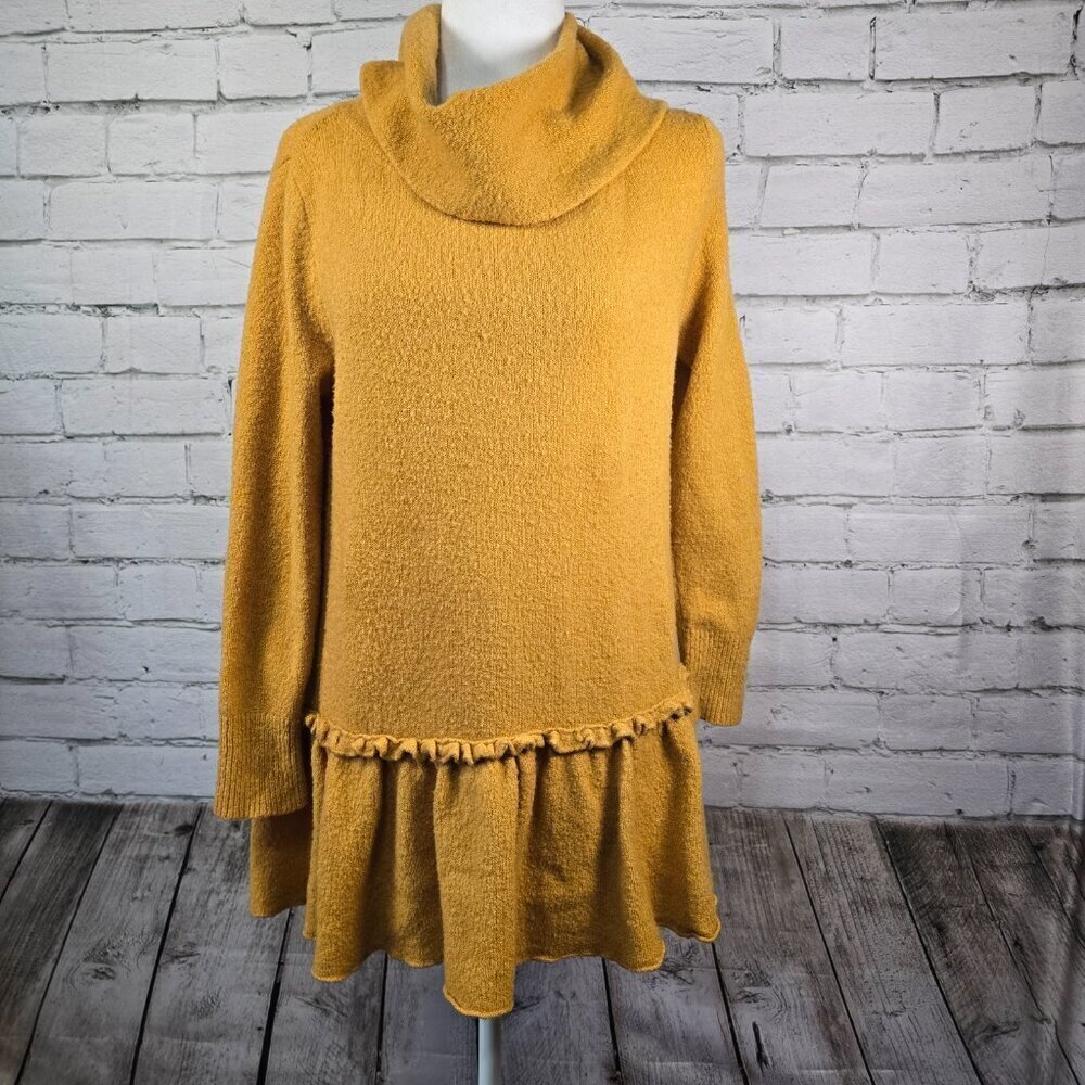 UMGEE WOMENS SWEATER COWL TUNIC NECK MUSTARD RUFFLED BOTTOM WOMENS SMALL